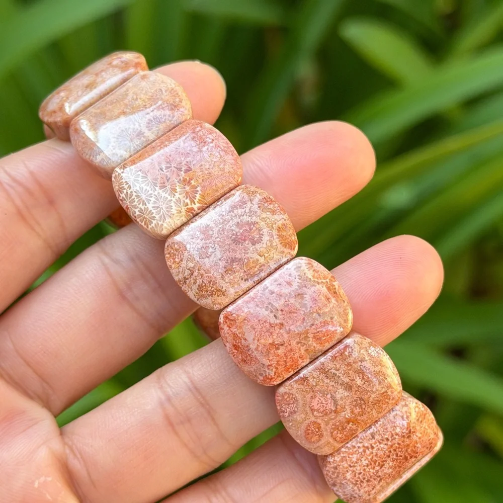 Stretchable red fossilized coral‎ soft bangle 0699